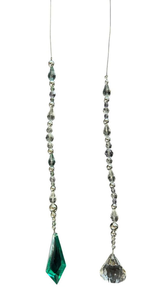 Two Wire Acrylic Beaded Haning Prisms Clear Teal Silvertone 14.5 Inch
