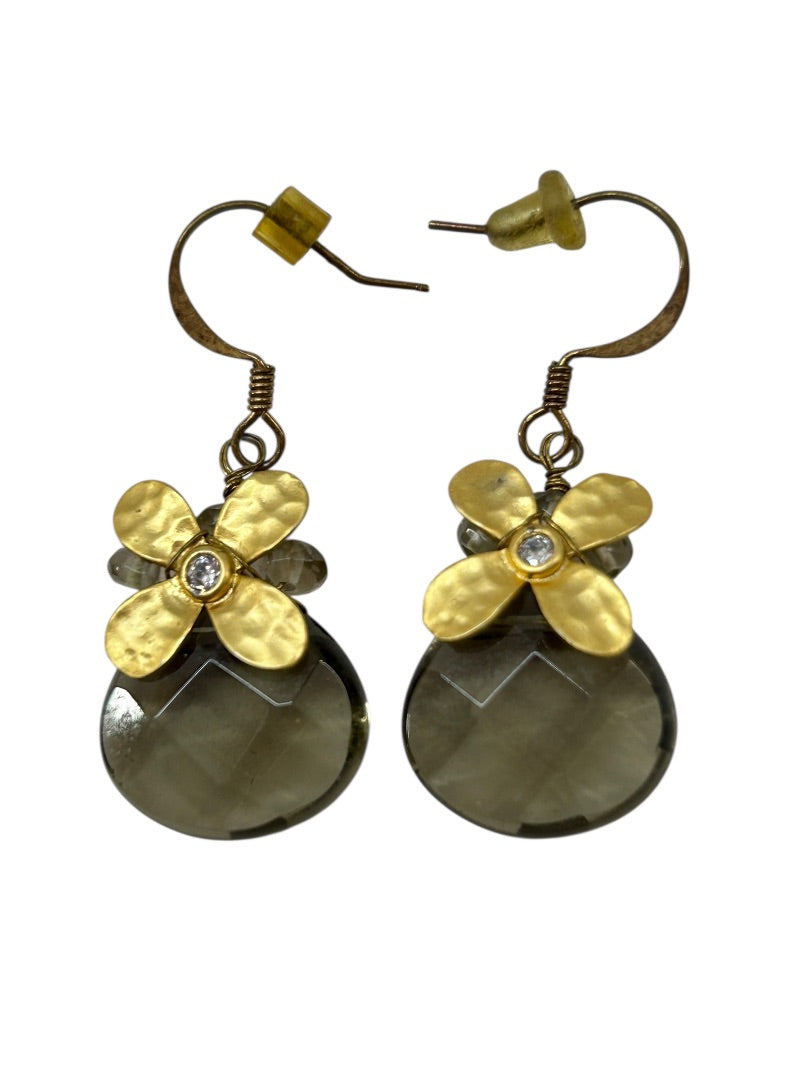 Goldtone Fish Hook Earrings Flower Pierced 1.4 Inch Drop Dangle