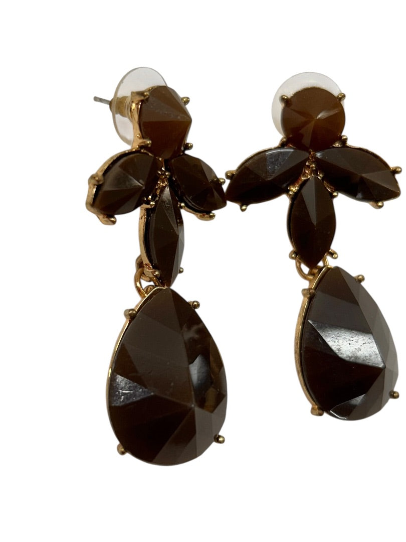 Goldtone Brown Acrylic Statement Post Pierced Earrings 2" Drop