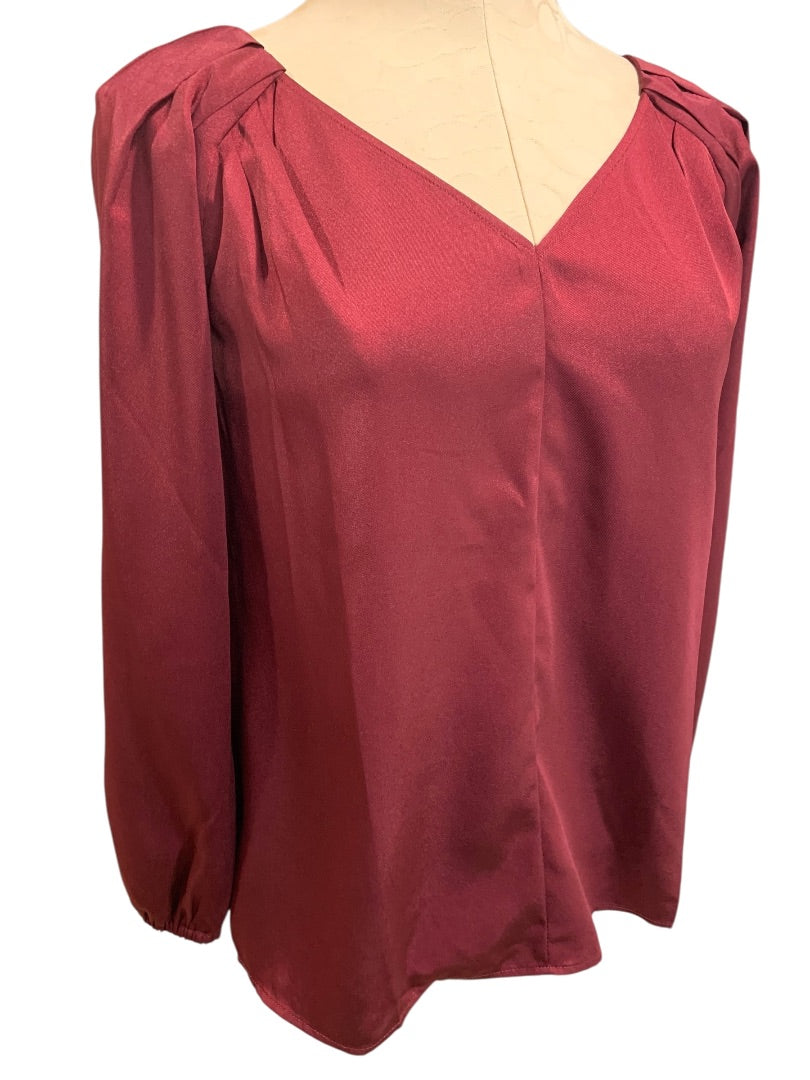 XS Loft Womens Burgundy Pullover Blouse Satiny Top V-Neck Long Sleeve
