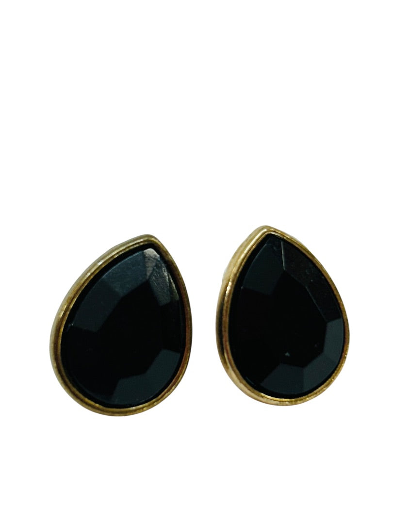 Goldtone Faceted Acrylic Black Post Pierced Earrings Teardrop .75"