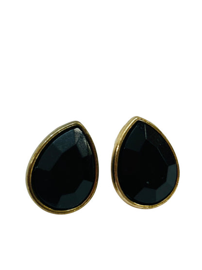 Goldtone Faceted Acrylic Black Post Pierced Earrings Teardrop .75"