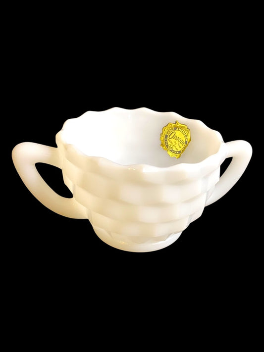Hazel-Atlas Opaque Milk Glass Sugar Bowl with Sticker Starburst Geometric Design