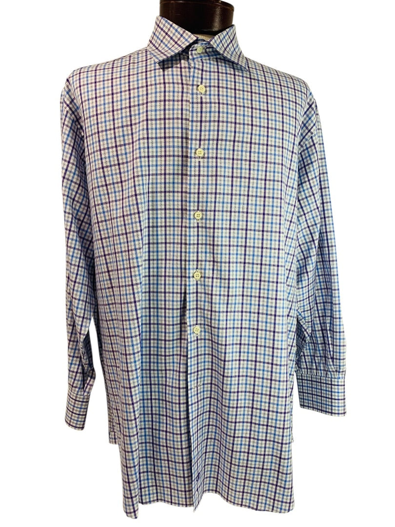 17.5 (32/33) David Donahue Mens Button Up Dress Shirt Plaid Purple