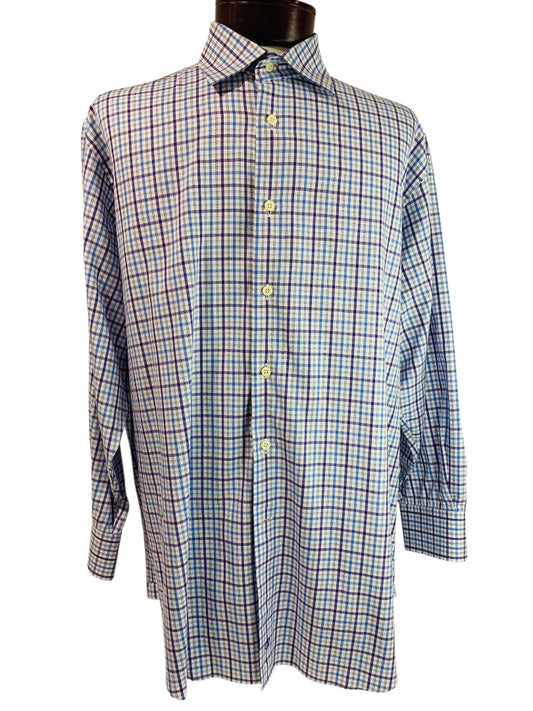 17.5 (32/33) David Donahue Mens Button Up Dress Shirt Plaid Purple