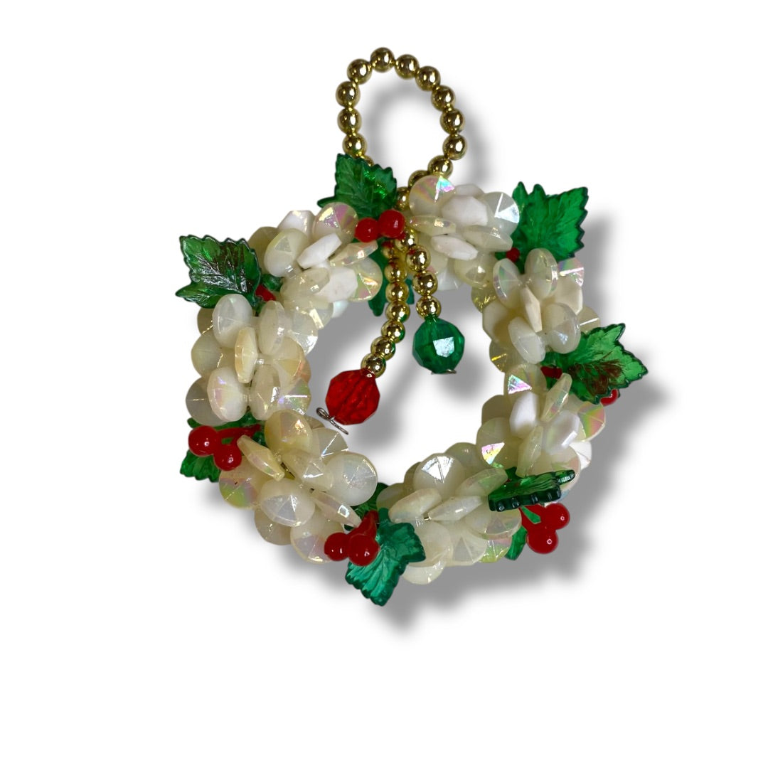 Vintage Beaded Handmade Ornament Holiday Wreath 2"Diameter