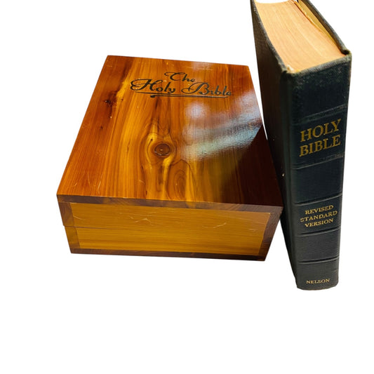 1950s Holy Bible in Hinged Cedar Box Revised Standard Nelson