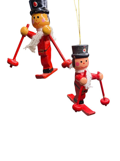 Vintage Wooden Christmas Holiday Ornaments Skiers 3.5" Red
