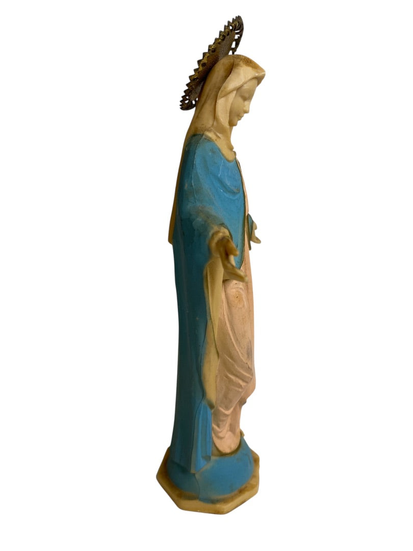 Vintage Virgin Mary Statue Figurine Acrylic Metal Pink Blue 6"