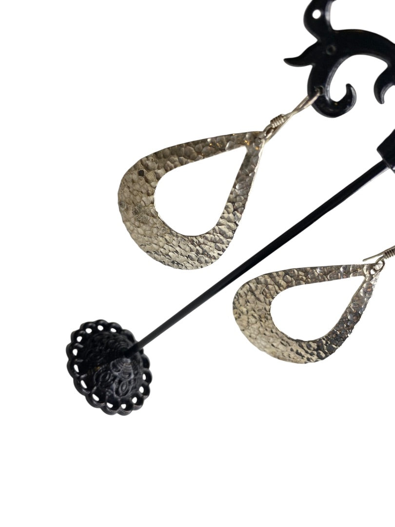 Silvertone Hammered Pierced Fishhook Earrings Lightweight 2" Drop