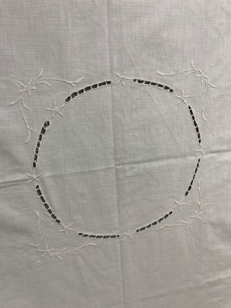 Vintage Ivory Linen Tablecloth Lace Edge 33" x 36"