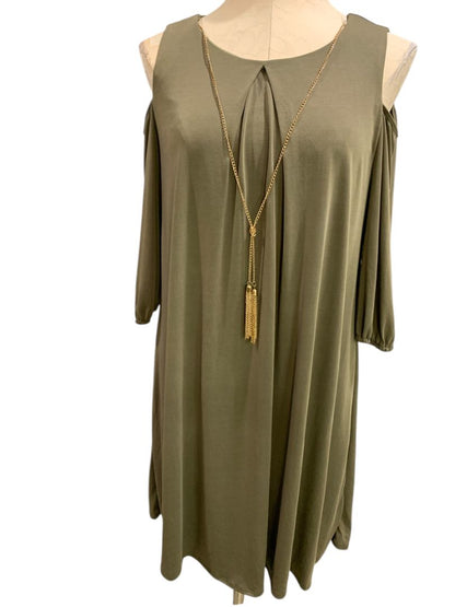 Small Luxology Olive Green New Shift Dress Cold Shoulder Detachable Necklace