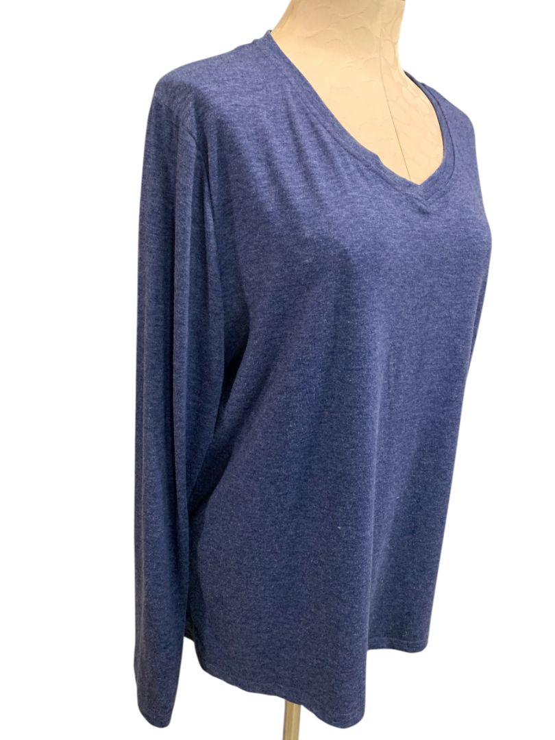 Size XXL Womens Long Sleeve Blue Heathered V-Neck Tshirt