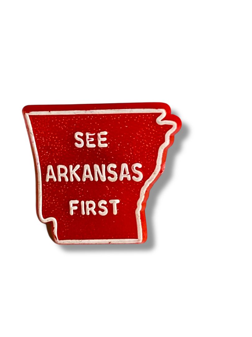 Vintage Red Plastic Lapel Pin See Arkansas First State .75"
