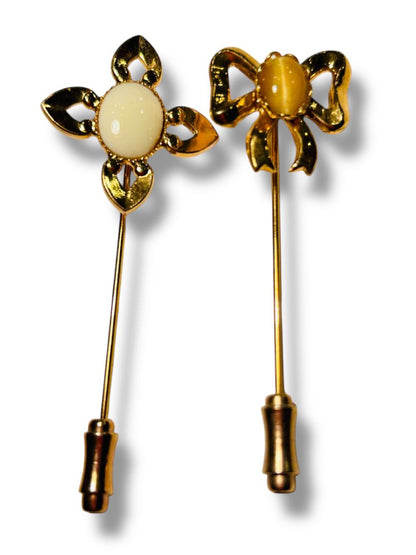 Set of 2 Stick Pins Goldtone Flower Bow Pink Cream Color 2.25"