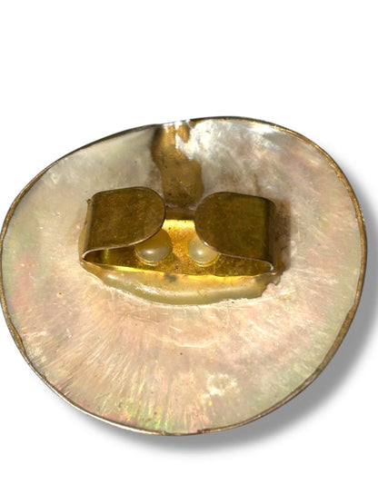 Vintage Shell Mother of Pearl Belt Buckle Goldtone Trim 2.75"