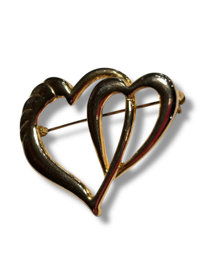 Goldtone Brooch Pin Intertwined Joined Hearts 1.75"