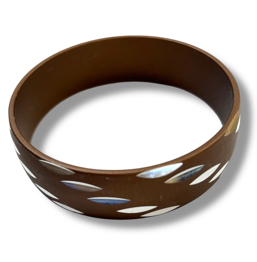 Brown Metallic Bangle Bracelet Silvertone Design 2.5" Diameter .75" Thick