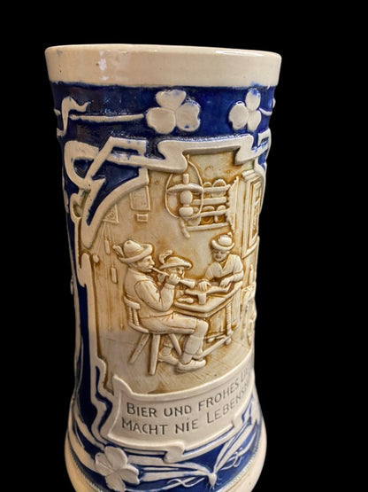 Vintage German Beer Stein Cobalt Stoneware Bier Und Scene in Relief