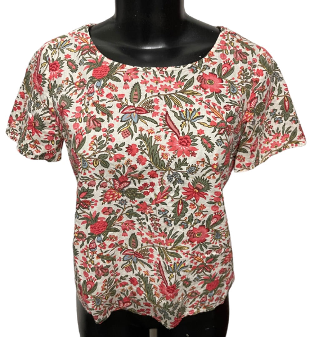 XS Madewell Floral Cotton Short Sleeve Pullover Petal Back Blouse