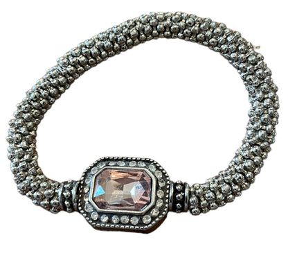 Silvertone Roll On Stretch Bracelet Pink Faceted Glass