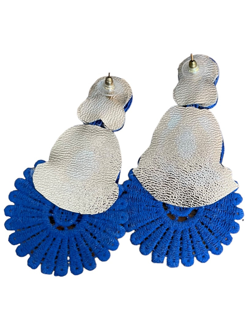 Soutache Post Pierced Statement Flat Ribbon Earrings Royal Blue 3.75"