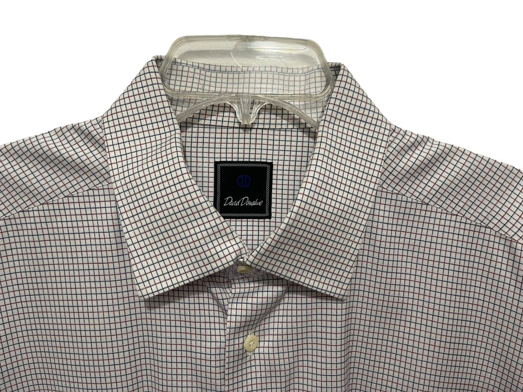 17.5 (32/33) David Donahue Mens Button Up White Blue Red Dress Shirt