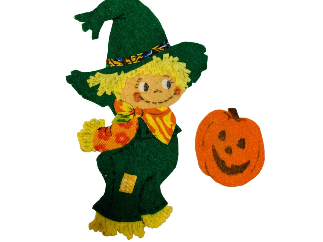 Handmade Vintage 1970s Felt Magnet Kitchsy Scarecrow Pumpkin Fall Autumn