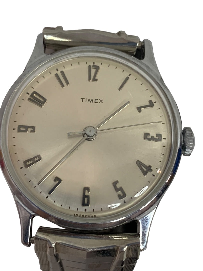 Vintage Timex Wristwatch Shock Resistant Analog Manual Silvertone Band Stretch 32mm