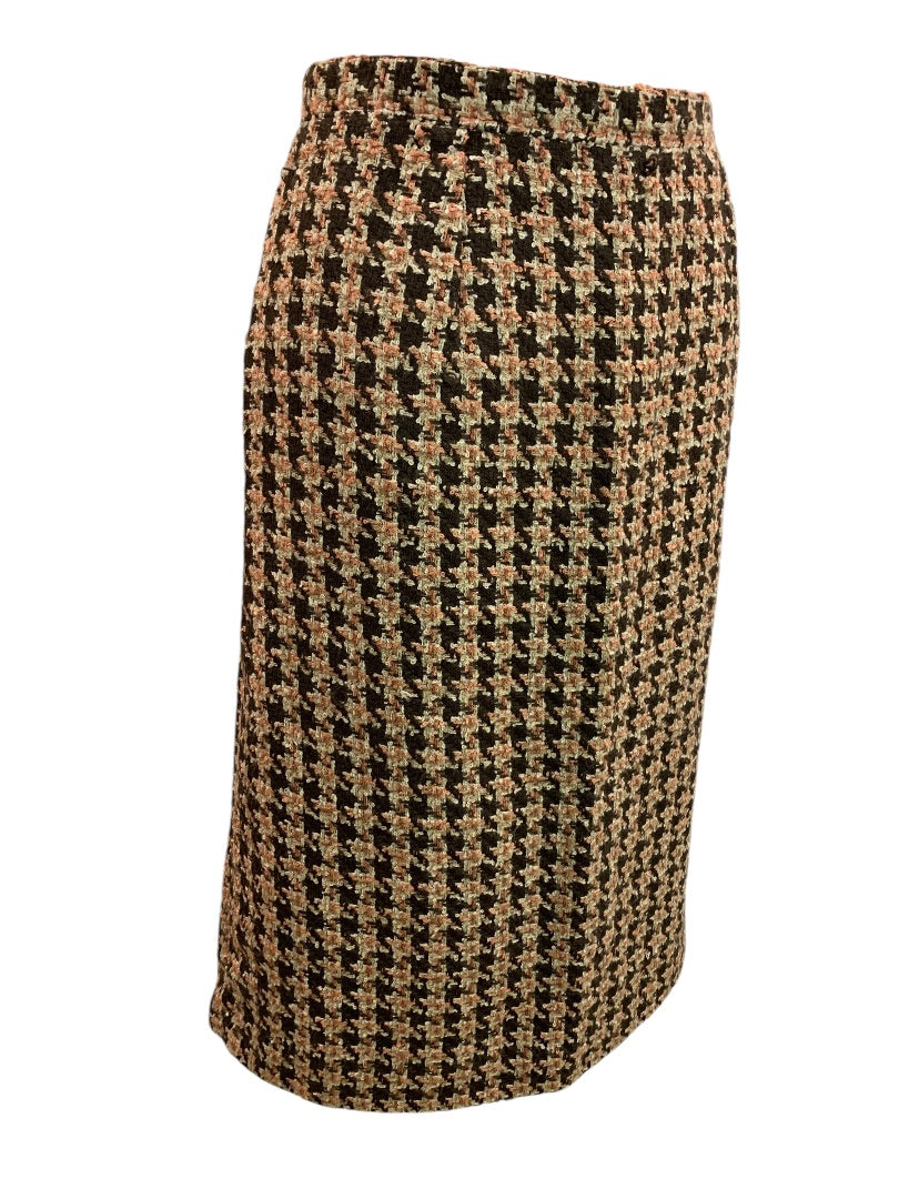 Large Vintage 1970s  Pattern Straight Skirt Wool Blend Lined Brown Pink