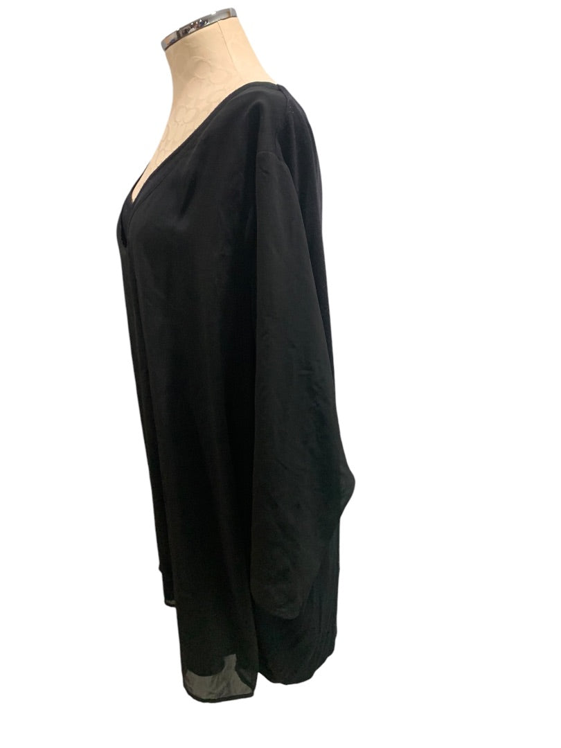 3X New Directions Curvy Soft Black V-Neck Pullover Top Shirt Sheer Sleeve Overlay