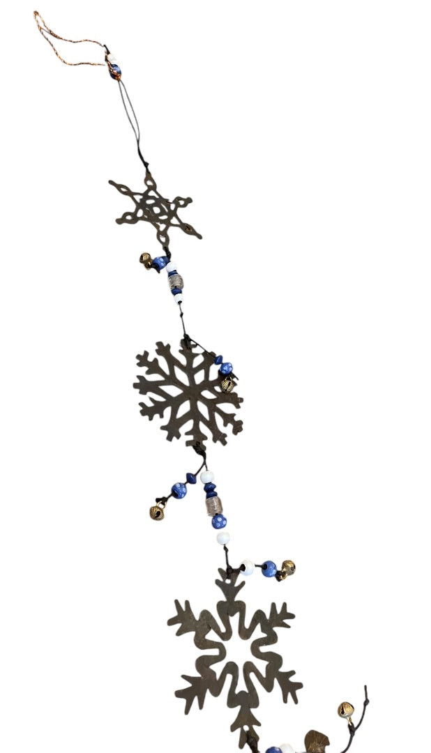 Rustic 3 Metal Snowflakes with Beads  Bells Windchime 24 Length