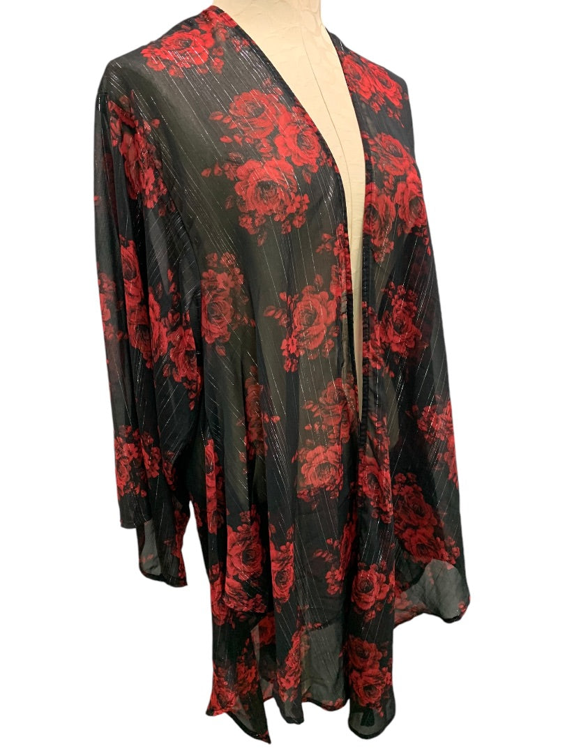 1X/2X Torrid Womens Open Kimono Rose Print Silver Threading