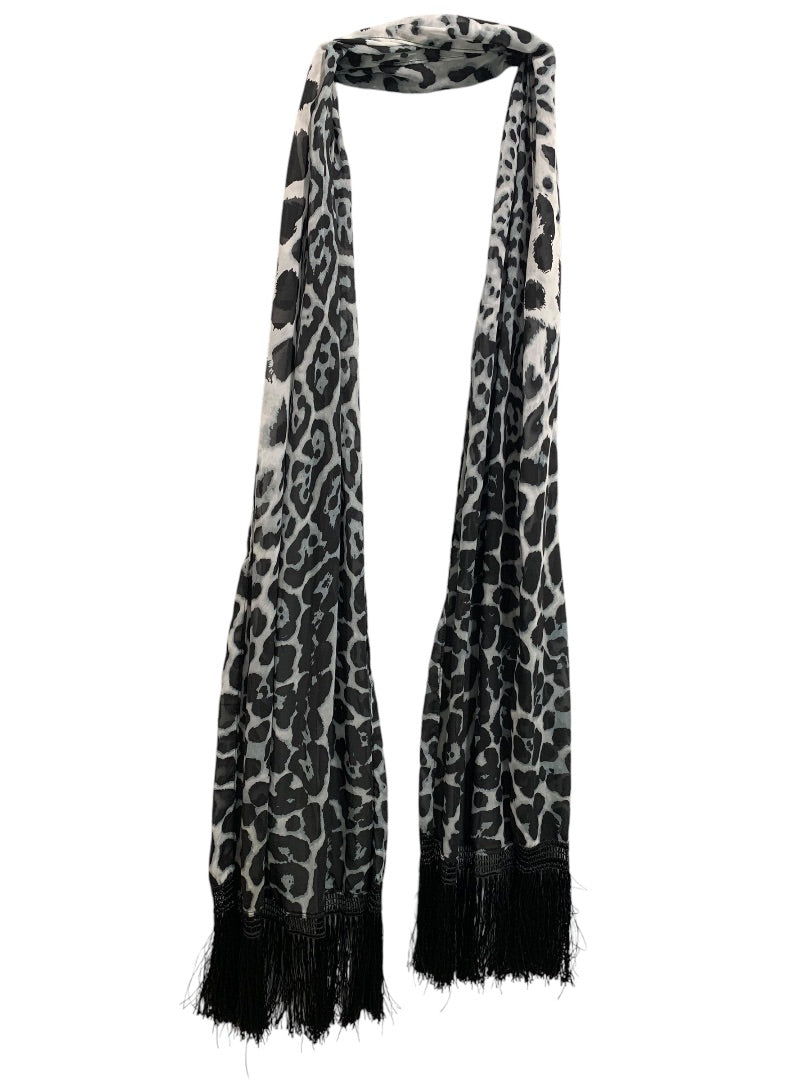 Womens Animal Print Fringed Scarf Lightweight Black White 84x18 Inches