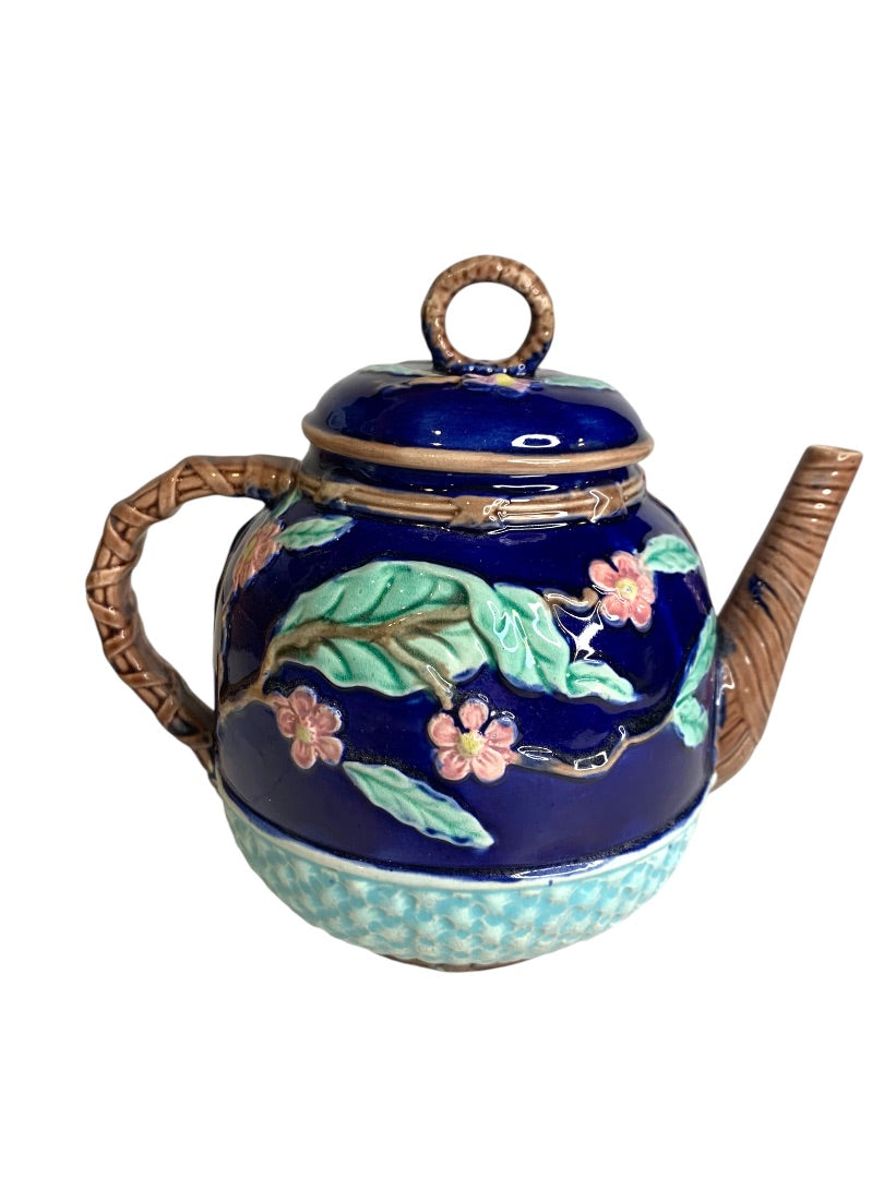 Majolica Flying Crane Teapot Cobalt Blue Forester Aesthetic