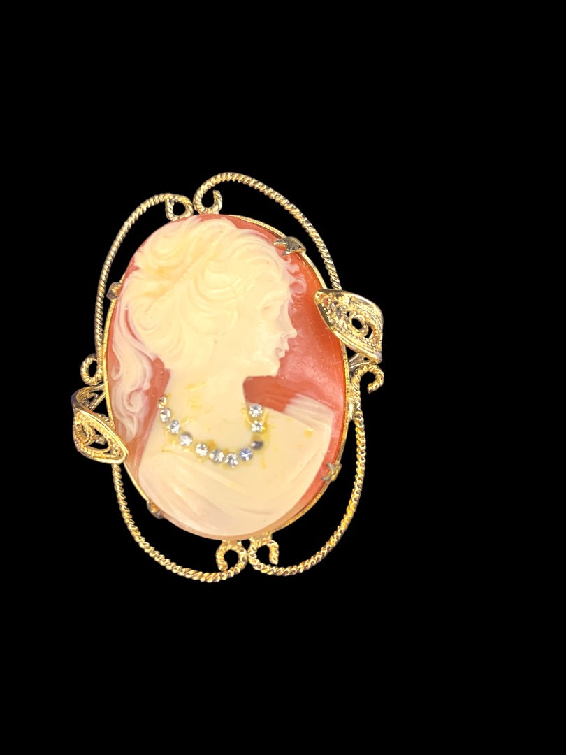 Vintage Cameo Brooch Pin Goldtone Ornate Defect 2.2 Inches Crystal Necklace