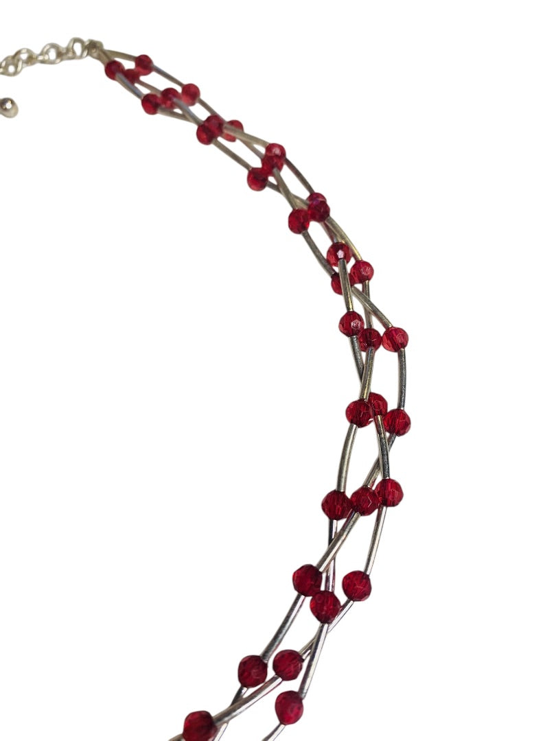 Silvertone Red Braided Strand Beaded Necklace 15-17 Inches Lobster Clasp