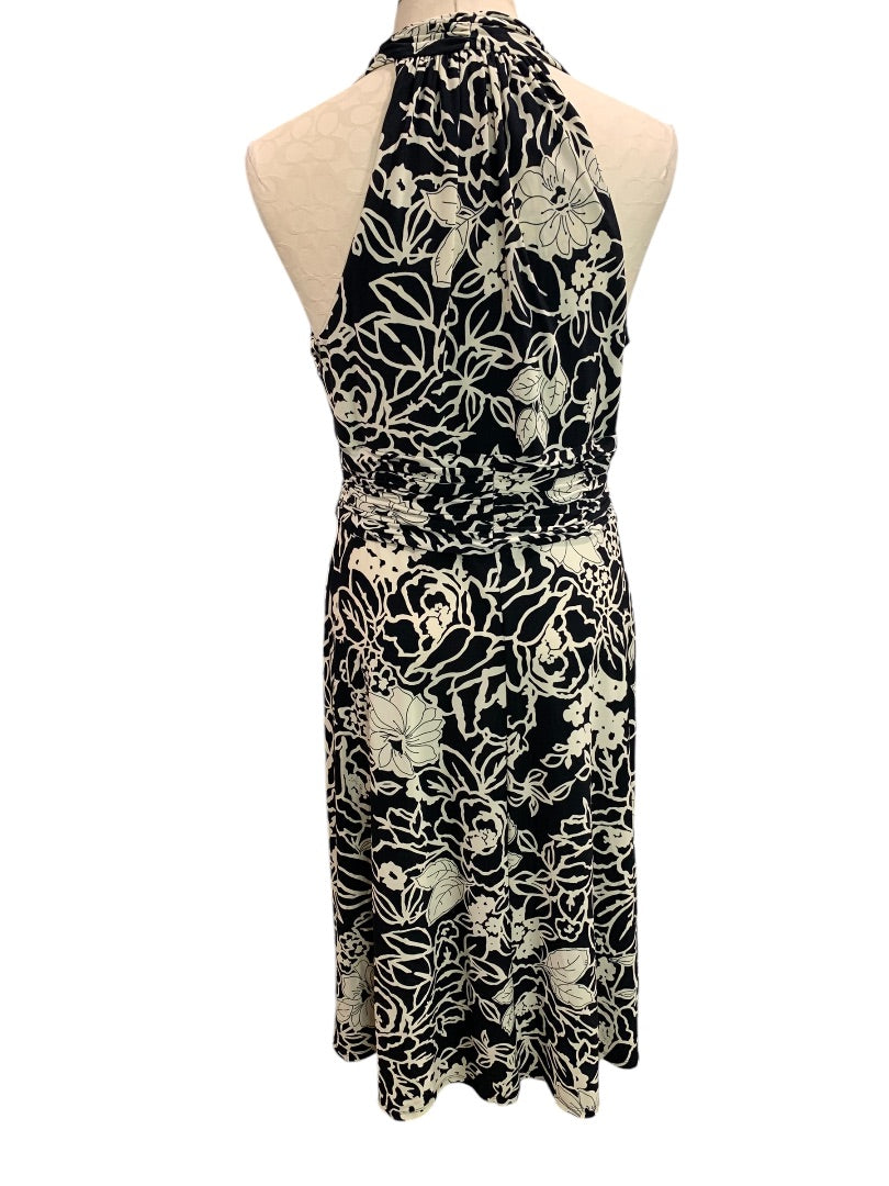 Size 12 Jones Wear Dress Black Ivory Print Pullover Stretch A-Line Midi