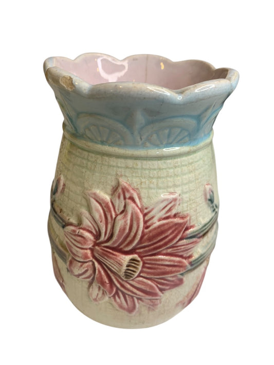 Antique Majolica Floral Vase 5.25 Inch Pink Blue Marked "H"