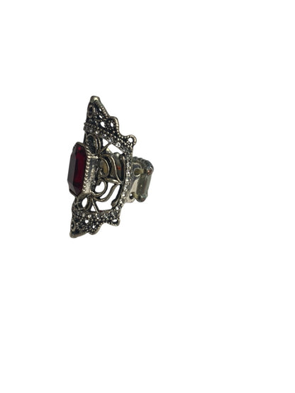 Silvertone Red Glass Womens Statement Stretch Ring Adjustable 1.75 Inch