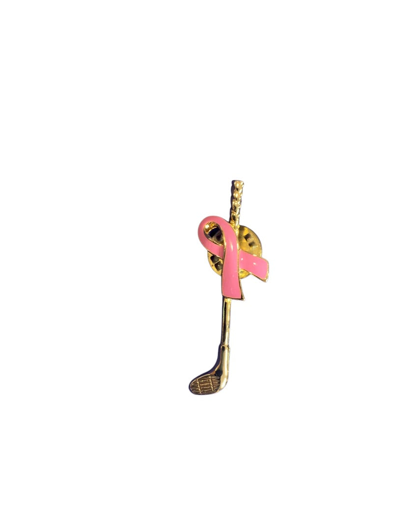 Goldtone Golf Club Lapel Pin Pink Ribbon Breast Cancer Awareness 1.75 Inches