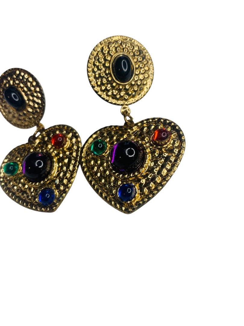 1980s Heart Goldtone Lightweight Earrings Post Pierced 2.3" Drop