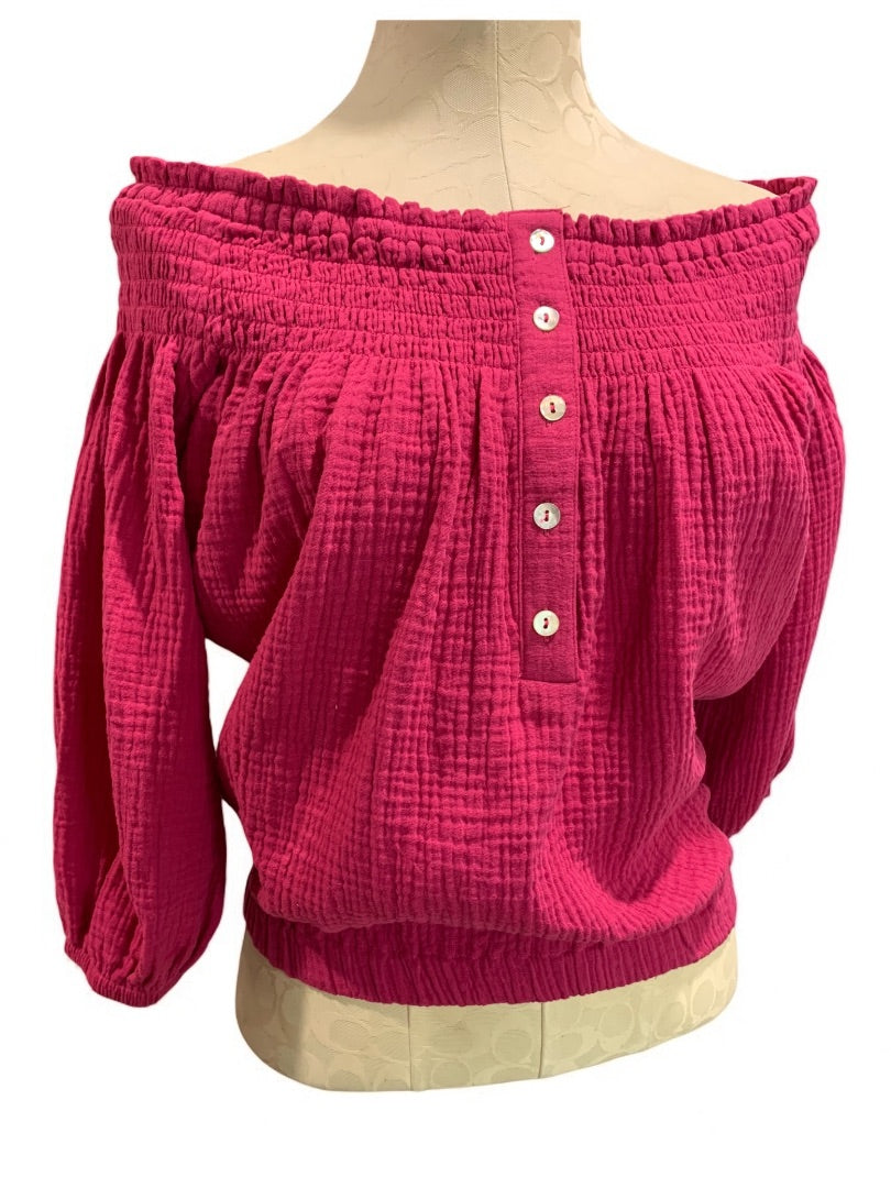 XS Roan + Ryan Fuchsia Womens Off Shoulder Banded Shirt Blouse