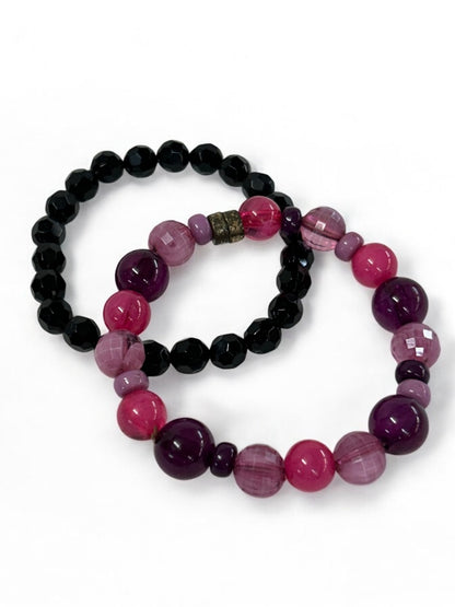 Set of 2 Acrylic Stretch Bracelets Black Purple Pink