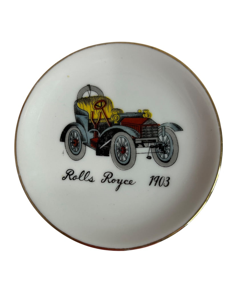 Vintage Set of 4 Antique Car 4” Gold Rim Porcelain Coasters Plate Ashtray