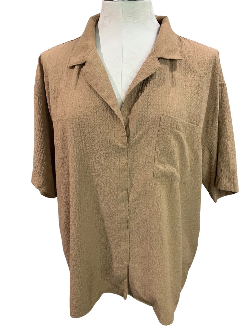 Large Calvin Klein Womens Brown Short Sleeve Button Up Shirt Blouse