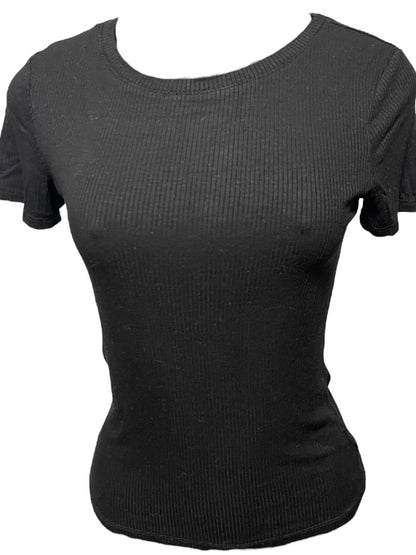 Medium Hashtag In Trend Short Sleeve Ribbed Womens Top Black