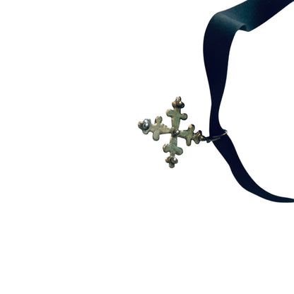 1980s Goth Ribbon Choker Necklace Black Silverton Cross 13-15 Inch Lobster Clasp