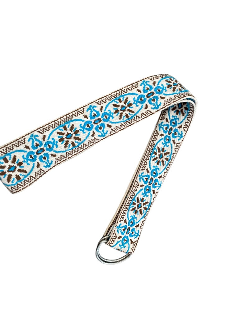 1970s Tapestry Womens Belt D-Ring Closure Teal Brown Pattern 1.75 Inch Width