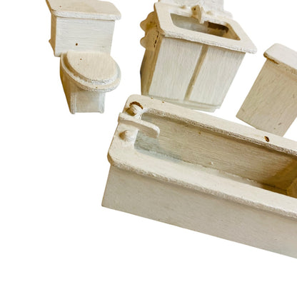1980s Wooden Dollhouse Miniature White Set of 4 Bathroom Sink Tub Hamper Toilet